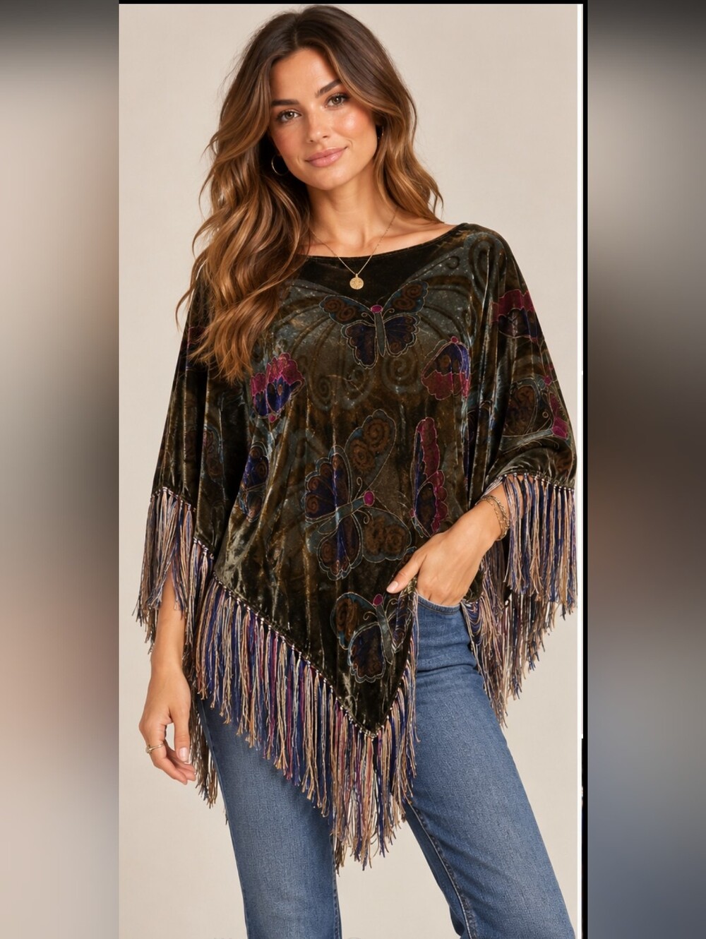 Vintage Velvet Butterfly Poncho Top Fringe Boho Art Nouveau One Size